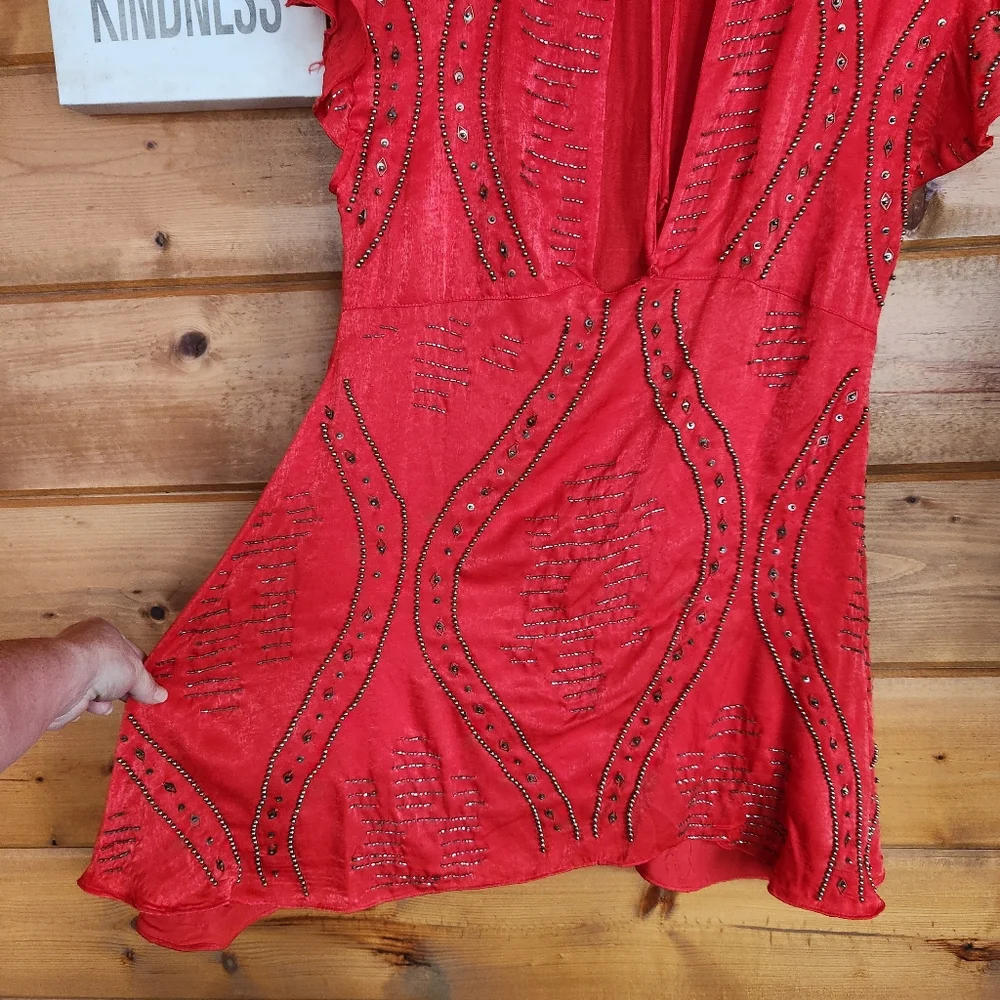Free people Shine Like the Stars Red Mini Dress Satin Beaded Embellished Size XS